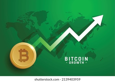 golden bitcoin with growth arrow on green background with world map
