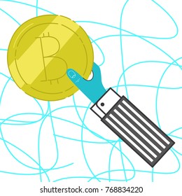 Golden bitcoin in the hand. vector illustration.