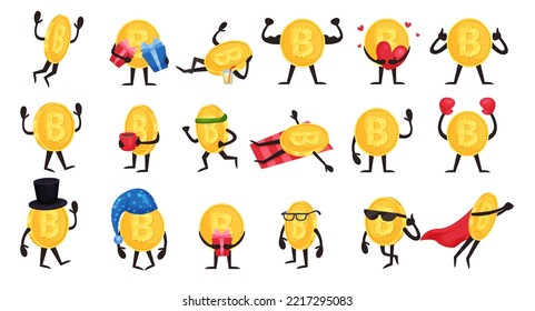 Golden Bitcoin Humanized Character Engaged in Different Activity Vector Set