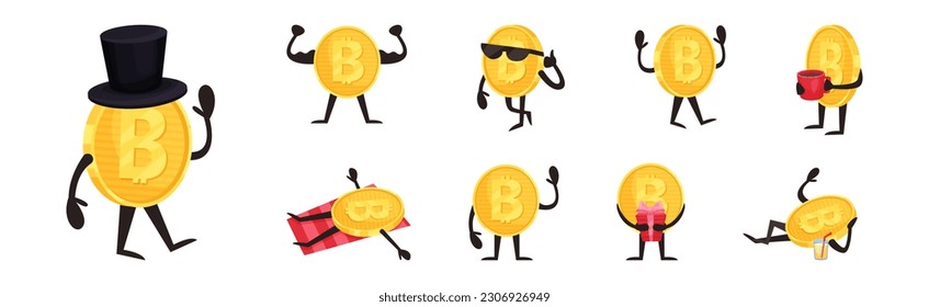 Golden Bitcoin Humanized Character Engaged in Different Activity Vector Set