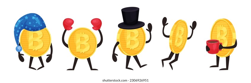 Golden Bitcoin Humanized Character Engaged in Different Activity Vector Set