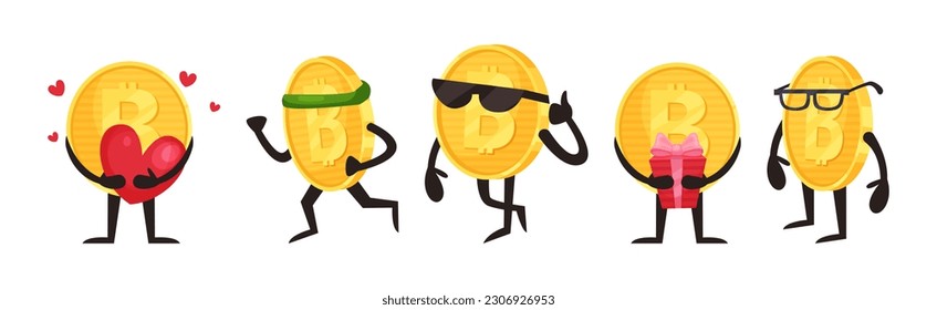 Golden Bitcoin Humanized Character Engaged in Different Activity Vector Set