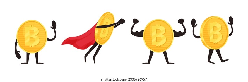 Caracteres humanizados de Bitcoin dorados involucrados en diferentes vectores de actividad