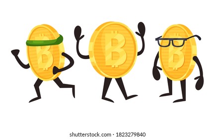Golden Bitcoin Humanized Character Running and Wearing Glasses Vector Set