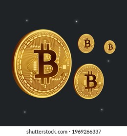 golden bitcoin on black background, cryptocurrency market, vector illustration