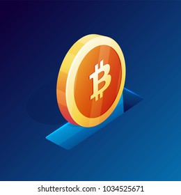 Golden bitcoin on blue background. Cryptocurrency concept.