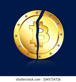Golden bitcoin on blue background.