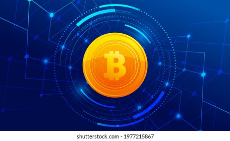 Golden Bitcoin on blue background banner template design. Bitcoin currency. International stock exchange. Network bitcoin marketing vector.