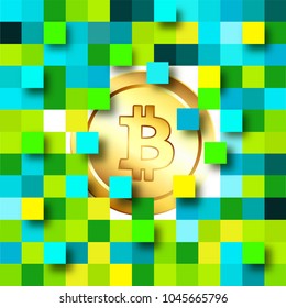 Golden bitcoin on colorful abstract background. 