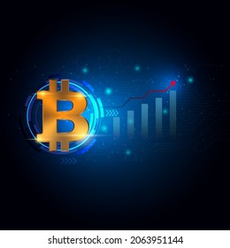 Golden bitcoin on data graph dark blue background