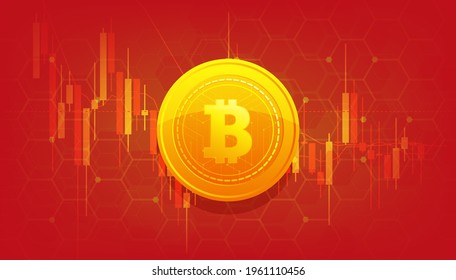 Golden Bitcoin on red background banner template design. Bitcoin currency. Crypto coin with growth chart. International stock exchange. Network bitcoin marketing vector.
