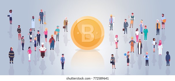Golden Bitcoin Over People Crowd Modern Web Money Digital Crypto Currency Concept Flat Vector Illustration