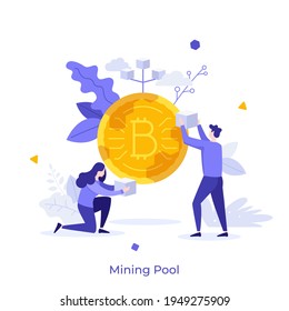 Golden Bitcoin and people carrying cubes or building blocks. Concept of mining pool, sharing of resources for cryptocurrency or cryptocoin generation. Modern flat vector illustration for banner.