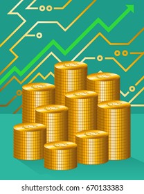 golden bitcoin pile and growing up graph