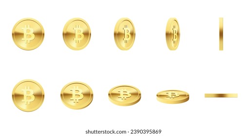 Golden bitcoin rotating coin virtual money cryptocurrency different side set realistic vector illustration. Financial assets electronic payment growth of income mining and investment global currency