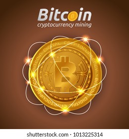 Golden Bitcoin in shining light effect on dark background. Blockchain technology for cryptocurrency. Letter B coins vector illustration