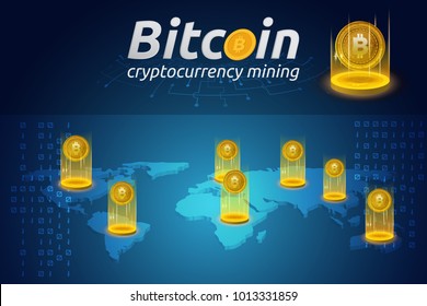 Golden Bitcoin in shining light effect on world map infographic. Blockchain technology for cryptocurrency. Letter B coins vector illustration