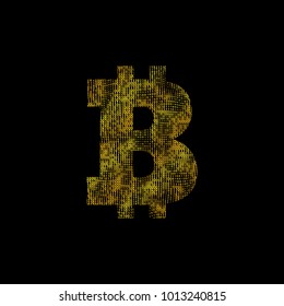 Golden bitcoin sign with binary code inline on the dark background. Vector illustration.