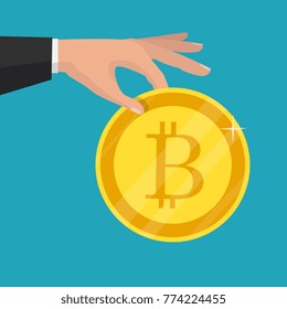 Golden bitcoin sign icon flat network money symbol. Crypto currency. Vector