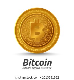 Golden Bitcoin sign on white background. Blockchain technology for cryptocurrency. Letter B coins vector illustration