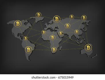 Golden Bitcoin signs on the World map. Bitcoin cryptocurrency digital payment system