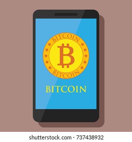 golden bitcoin in smartphone for crypto currency concept, vector illustration