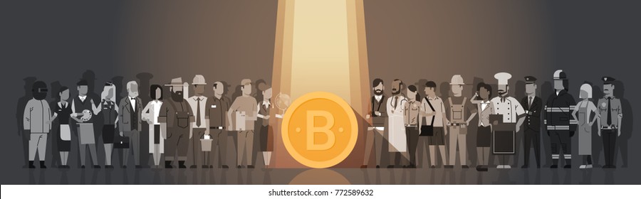 Golden Bitcoin In Spot Light Over Silhouette People Crowd Modern Web Money Digital Currency Concept Flat Vector Illustration