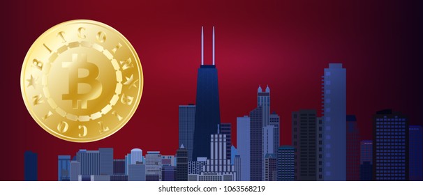 Golden bitcoin symbol on night blue red city sky. Bitcoin and blockchain technology concept. Bitcoin network with bitcoin sign on urban Chicago background. Blockchain, cryptocurrencies concept vector.