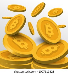 Golden Bitcoin symbols background. Blockchain technology for cryptocurrency. Letter B coins vector illustration
