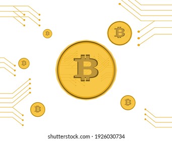 Un vector de bitcoin dorado sobre el fondo de la bandera electrónica de la tecnología
