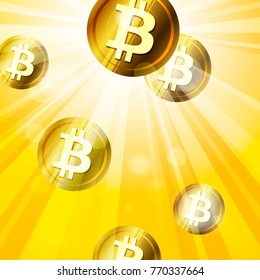 Golden bitcoins in the bright yellow  rays of sun effect background
