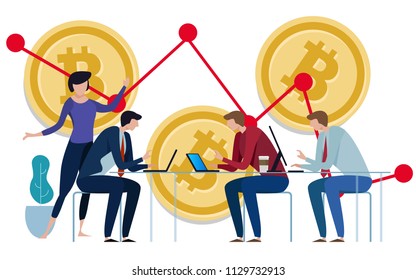 Golden Bitcoins chart down background. Graph of the negative growth of price. team work on investment management monitoring. vector