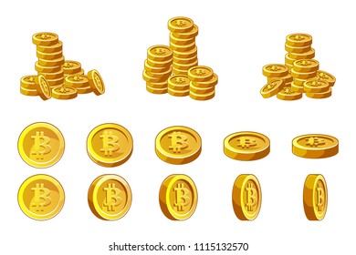 Golden Bitcoins coins stack and animation set. Finance success cryptocurrency concept illustration.