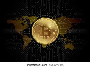 golden bitcoins digital currency and digital money and world map on printed circuit board technology network concept vector illustration