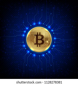 golden bitcoins digital currency and digital money and printed circuit board technology network concept vector illustration