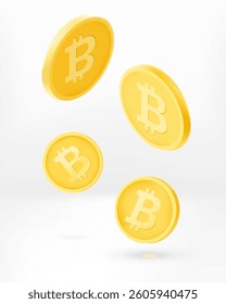 Golden bitcoins falling down. 3d vector concept
