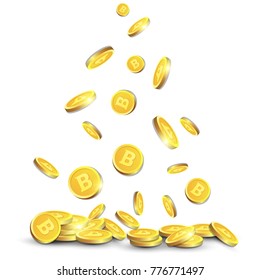 Golden Bitcoins Flying Over White Background realistic 3d Coins With Cryptocurrency Sign Vector Illustration