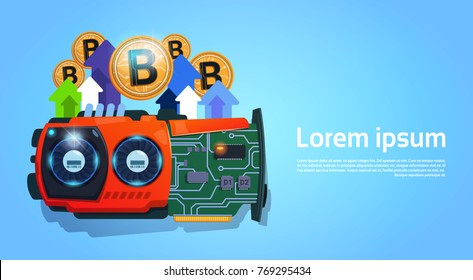 Golden Bitcoins Micro Chip Moneda Digital Dinero Web Moderno Sobre Fondo Azul Con Espacio Para Ilustración De Vectores De Texto