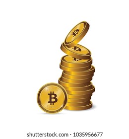 Golden Bitcoins and New Virtual money concept, 3d rendering isolated on white background. Stacks of many gold coins with icon