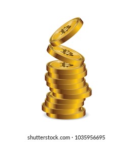 Golden Bitcoins and New Virtual money concept, 3d rendering isolated on white background. Stacks of many gold coins with icon