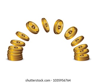 Golden Bitcoins and New Virtual money concept, 3d rendering isolated on white background. Stacks of many gold coins with icon