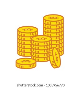 Golden Bitcoins and New Virtual money concept, 3d rendering isolated on white background. Stacks of many gold coins with icon