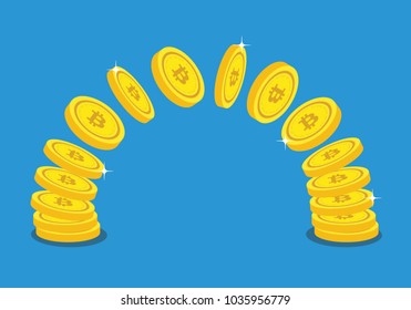 Golden Bitcoins and New Virtual money concept, 3d rendering isolated on white background. Stacks of many gold coins with icon