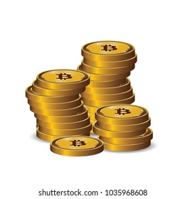 Golden Bitcoins and New Virtual money concept, 3d rendering isolated on white background. Stacks of many gold coins with icon