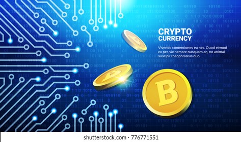 Golden Bitcoins On Blue Circuit Background Crypto Currency Mining Network Concept Vector Illustration