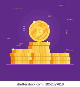 Golden bitcoins on purple background.