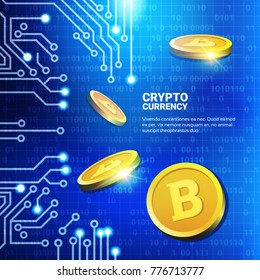 Golden Bitcoins Over Blue Circuit Background Modern Web Money Networking Technology Crypto Currency Trading Concept Vector Illustration