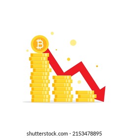 Golden Bitcoins Stack With Arrow Down. Flat Icon Isolated On White. Economy, Finance, Money, Investment Symbol. Diagram Concept. Crypto Currency Fall, Decrease Virtual Electronic, Internet Money.