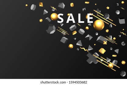 Golden black 3D primitives  realistic geometric vector illustration for web and print decoration, elegant motion metal and matte figures,creative design 