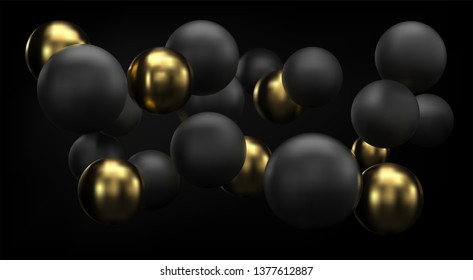 Golden and black abstract background with 3d spheres bubbles. Vector Christmas balls textured with gold. Jewelry cover concept. Horizontal banner. Decoration element for design
